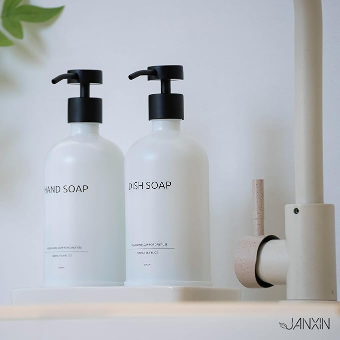 Soap Dispenser Set with Non-Slip Protective Silicone Pad, Hand Soap Dispenser for Bathroom and Kitchen Decor, White and Black Accessories (White Bottles + Black Pumps)