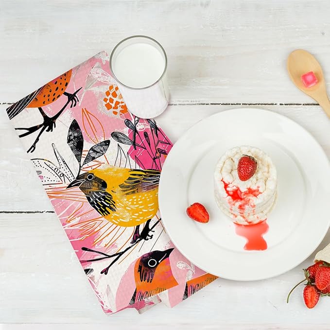 2 Pcs Abstract Bird Kitchen Towels, Colorful Art Decorative Absorbent Microfiber Dish Cloth Tea Towel, Waffle Soft Hand Towels for Farmhouse Home Bathroom, Housewarming Gifts