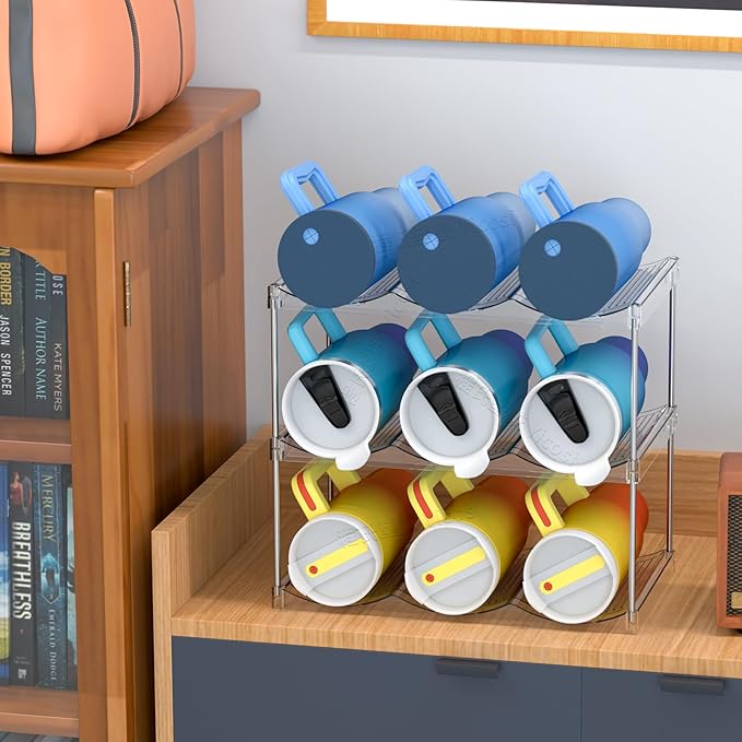 Stackable Water Bottle Organizer for Cabinet,2 Pack Water Bottle Holder for Stanley Yeti 40 oz Bottle Shelf,Clear Tumbler Storage Organizer,Wine Rack,Cup Organizer for Kitchen Cabinets Counter Pantry