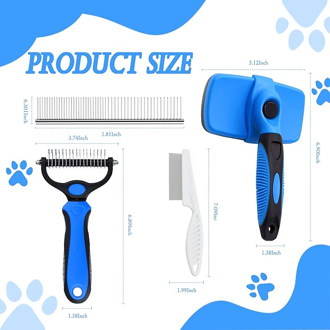 4 in 1 Skin Friendly Grooming kit including Dematting Rakes,Self Cleaning Slicker Brush,Deshedding Brush,Flea Comb for Haired cat Dog and Small Animals.