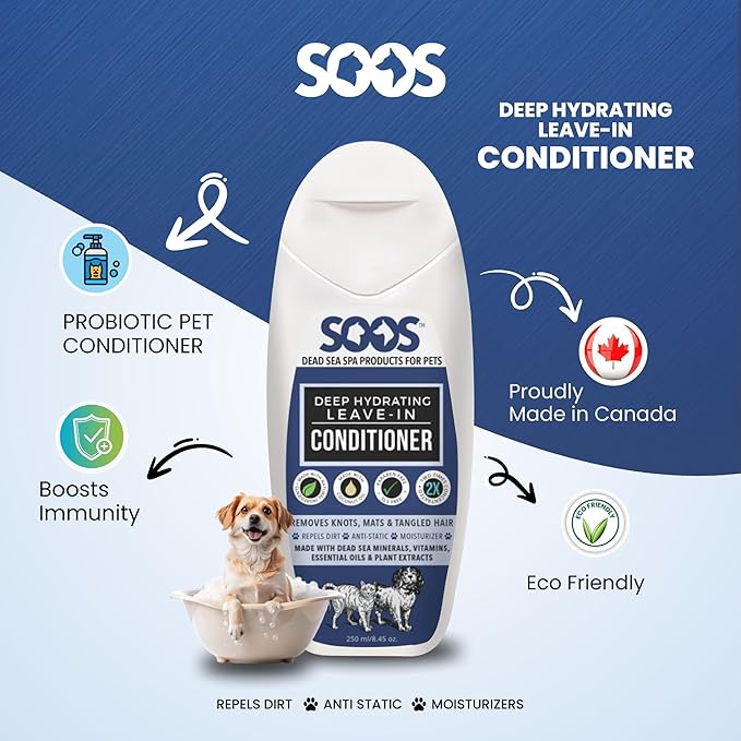Soos Pets Deep Hydrating Leave-in Conditioner for Dogs and Cats | Natural Dead Sea Minerals & Vitamins | Skin Moisturizer, Polish Deeply, Enhance Coat Shine & Softness - 250ml