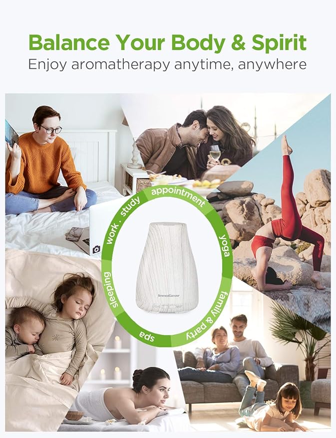 InnoGear Essential Oil Diffuser, Premium 5-in-1 Diffusers for Home Scent Aromatherapy Diffuser Air Desk Humidifier for Bedroom Large Room Office 7 Color LED 2 Mist Mode Waterless Auto Off, White Grey