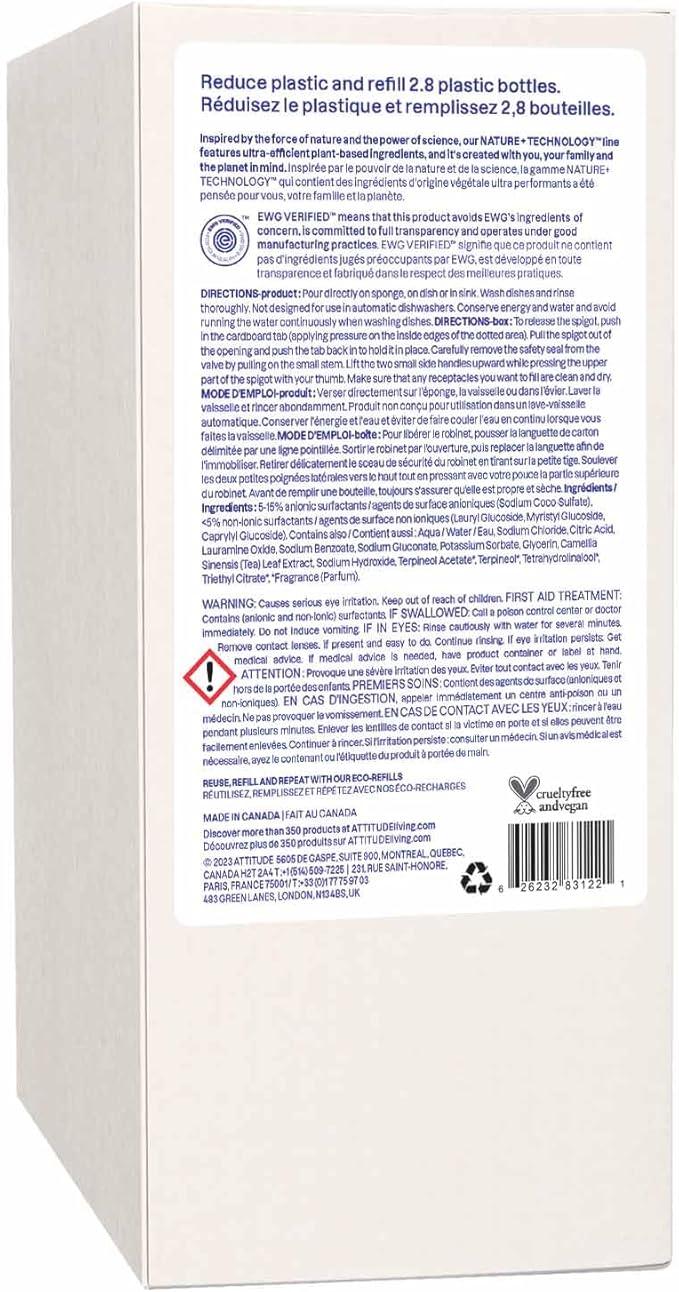 ATTITUDE Dish Soap Refill, EWG Verified, Plant-Based & Vegan Dishwashing Liquid, Naturally Derived, Citrus Zest Scent, 67.6 Fl Oz