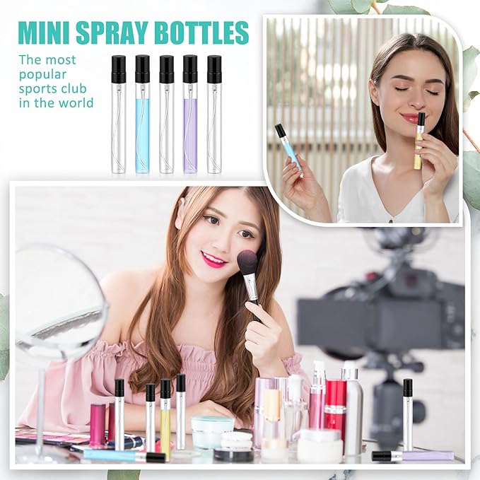 Zhehao 50 Pcs Mini Spray Bottles 10 ml Clear Glass Perfume Bottles Refillable Fine Mist Perfume Atomizer Portable Empty Sample Containers for Cleaning, Essential Oils, Travel (Black Cap)