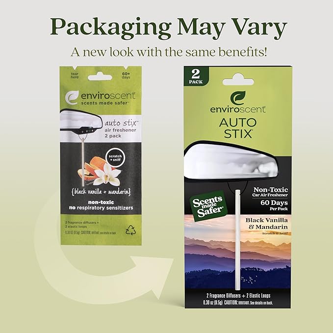 Enviroscent Non-Toxic Car Air Freshener (Black Vanilla & Mandarin) Natural Car Air Freshener | Essential Oil Diffuser | Car Scent Lasting Over 180 Days | 3 Packs of 2 Hanging Auto Stix