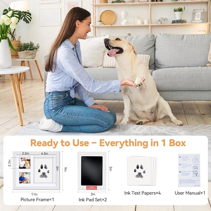 Paw Print Kit for Dogs & Cats, Pet Paw Impression Gift Set with 2 Inkless Pads and Reversible Stand/Wall-Mount Frame (White)