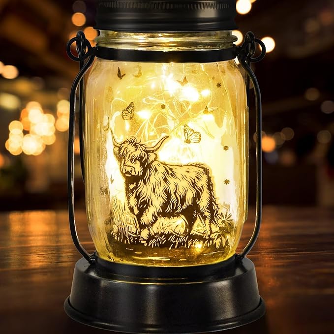 Highland Cow Gifts for Women/Men Highland Cattle Lovers Solar Lantern Mom Birthday, Mothers Day, Christmas Gifts, Solar Cow Garden Decoration Outside for Yard, Patio,Backyard,Porch, Torches