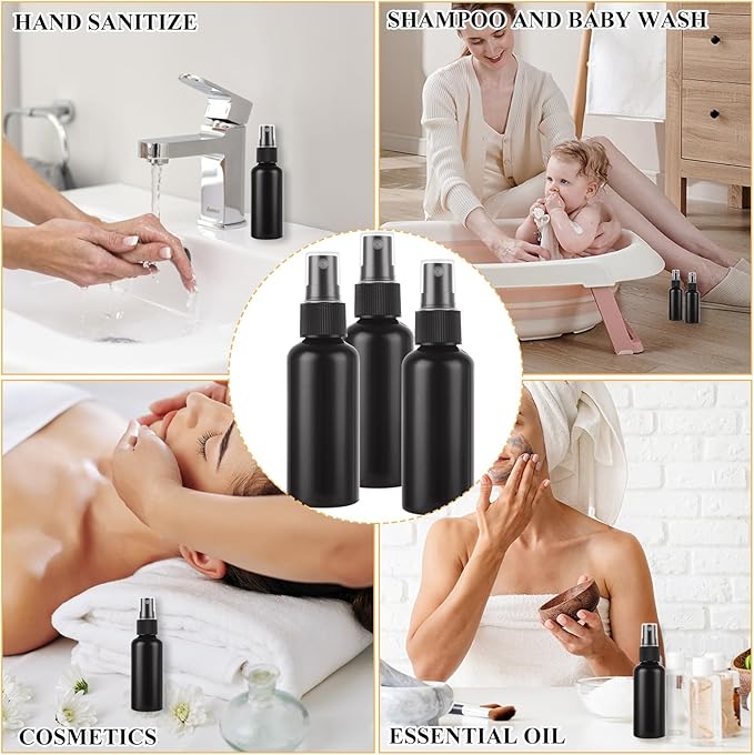 60 Pack Small Spray Bottle 2 oz Black Spray Bottle with Small Fine Mist Spray and Plastic Cap, Refillable for Essential Oils, Bath, Beauty, Hair & Cleaning