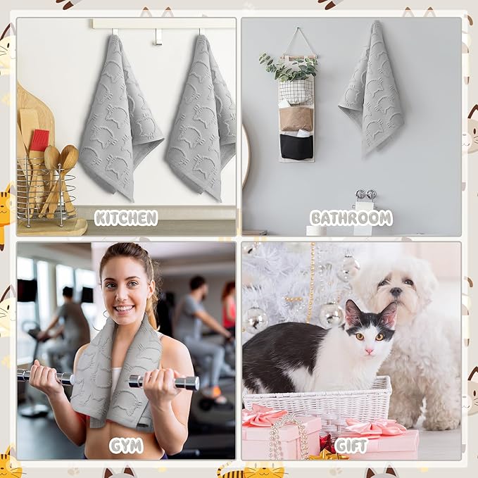 2 Pcs Cat Hand Towels for Bathroom, Cute Gray Kitty Face Jacquard Weave 100% Cotton Absorbent Decorative Towels for Bathroom Kitchen Decor Gift, 13.7 x 29.5 Inch