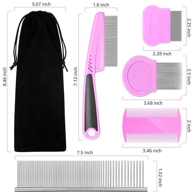 Flea Comb For Dogs & Cats Pet Comb Grooming Set 5 Pieces Metal Teeth Durable Remove Tear Stain Float Hair Combing tangled hair Dandruff Add Storage Pouch (pink)