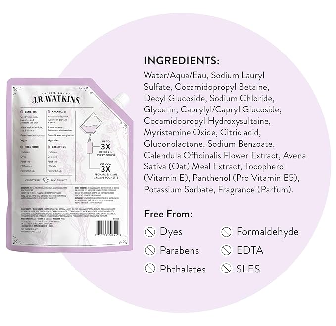 J.R. Watkins Gel Hand Soap Refill, Moisturizing Hand Wash, Formulated with Plant-Based Cleansers, Alcohol-Free, Cruelty-Free, Lavender, 34 Fl Oz, 2 Pack