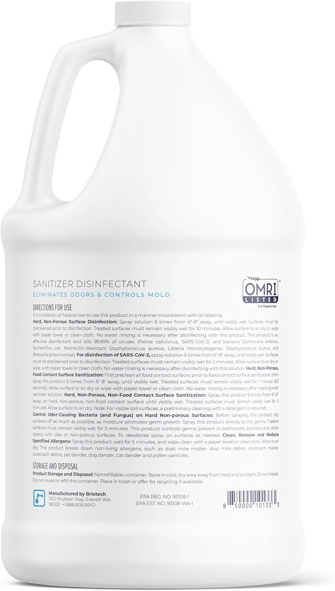 BRIOTECH Sanitizer Disinfectant Hypochlorous, Kill 99.99% of Viruses & Bacteria, Control Mold, Eliminate Odor, Gentle for Nursery & Play Rooms, Food Contact Surface Sanitizer, 1 Gallon Refill (4 Pack)