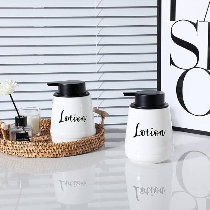 Bathroom Countertop Dispensers-Modern Ceramic Soap Lotion Dispenser Bottles, Hand Soap Dispenser for Bathroom, Dish Soap Dispenser for Kitchen, Easy-to-Press Pump (White, Labeled Lotion)