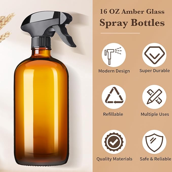 Vitreaux 16oz Amber Glass Spray Bottles,2 Pack Glass Spray Bottles Refillable Empty Bottle with Adjustable Nozzle,Spray Bottle for Essential Oils,Cleaning,Pets,Hair Mister