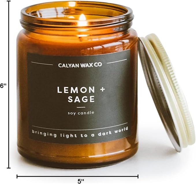 Calyan Wax Co. Soy Wax Candle, Lemon + Sage Scented Candle, 57 Hour Burn Time, Aromatherapy Soy Candles, Non Toxic & Vegan Soy Wax, Amber Glass Jar Scented Candles, 7.2oz
