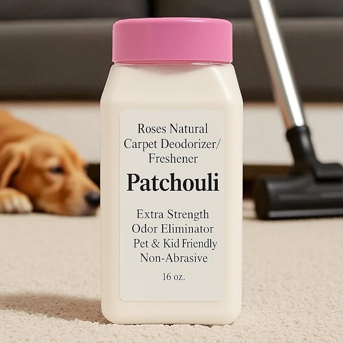 Carpet Deodorizer Powder – Patchouli Scent, Extra Strength Odor Eliminator, Pet & Kid Friendly, Non-Toxic, 16 oz