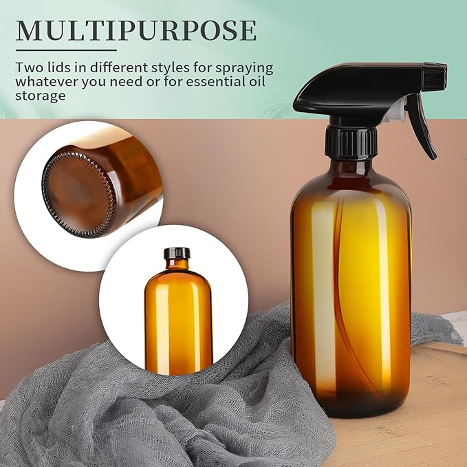 16oz Amber Glass Spray Bottles,4 Pack Glass Spray Bottles Refillable Empty Bottle with Adjustable Nozzle,Spray Bottle for Cleaning,Essential Oils,Cleaning,Pets,Plant, Hair Mister