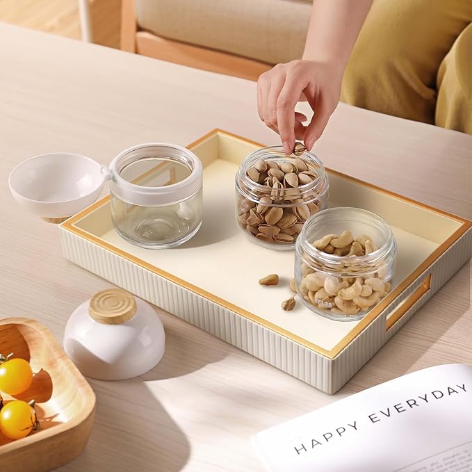 SANZIE Leather Tray Desktop Storage Organizer Premium Serving Tray Decorative Tray Valet Tray for Sundries Cosmetics Phone Wallet Cutlery (White Platter)