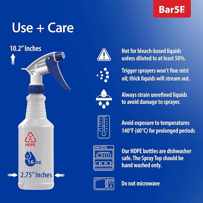 Bar5F Set of 2 Premium Empty 16 oz Spray Bottles, NBR Gasket - Superior Hydrocarbon Resistance - Ideal for Auto Detailing & Industrial Cleaning