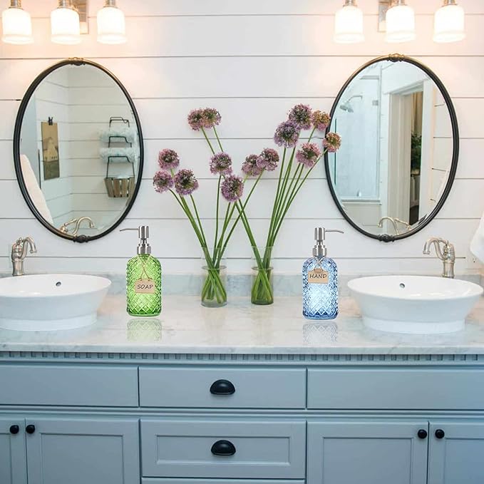 16 Oz Soap Dispenser with 304 Rustproof Stainless Steel Pump, Kitchen, Bathroom Soap Dispenser, Refillable Liquid Glass Soap Dispenser for Hand Soap, Soap, Lotion. (Green)