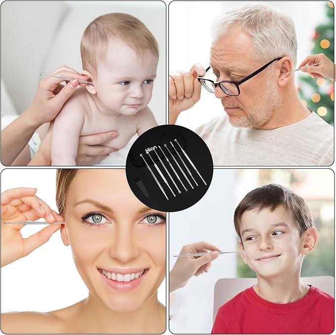 Hion 8 Pcs Ear Wax Removal Kit,Professional Double-Headed Ear Pick Earwax Removal Tools,316L Stainless Steel Ear Cleaner Curette with Cleaning Brush and Storage Box,Suit for Kid Adult(Silver)