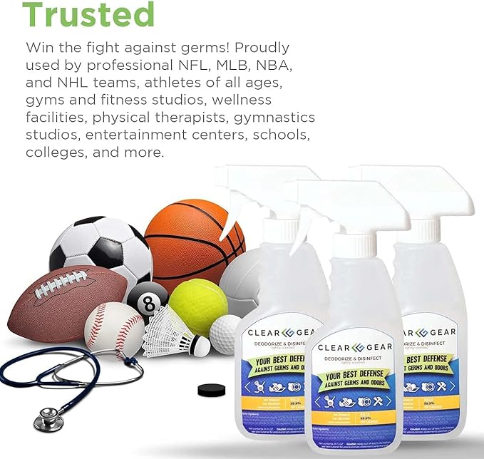 Clear Gear Disinfectant Cleaner, and Deodorizer For Sports Equipment, Gyms, and Fitness Centers - EPA-Registered, Hospital Grade, Made in USA - 1-Pack of 32 Oz Bottle Disinfecting Spray