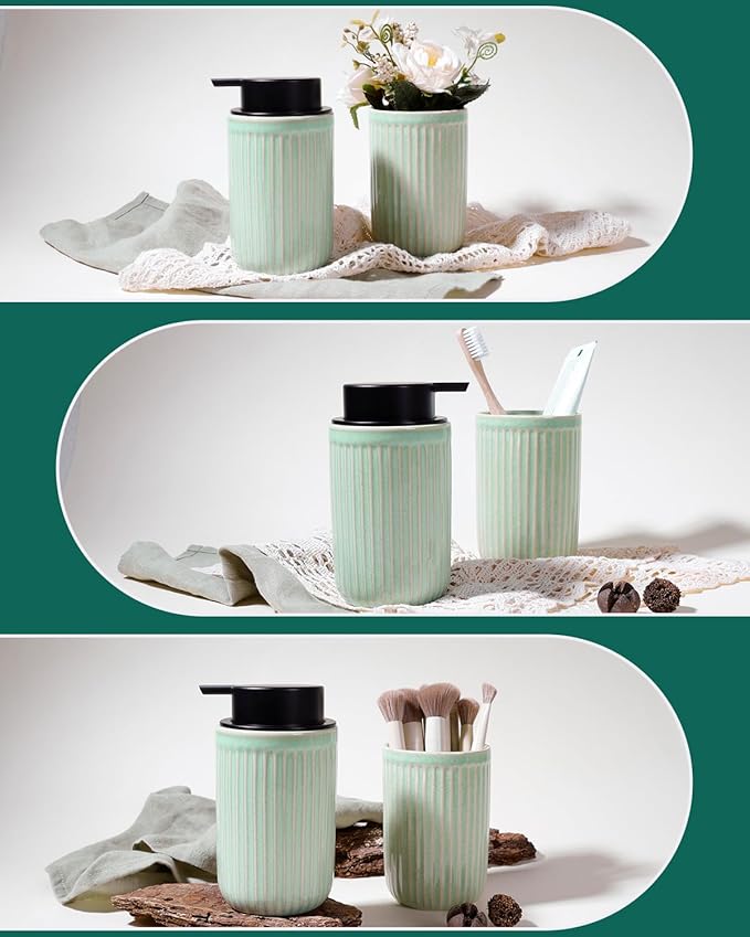 BosilunLife Foam Hand Soap Dispenser - Ceramic Foaming Soap Dispenser for Bathroom 12oz Refillable Liquid Lotion Soap Dispenser with Rust-Proof Foaming Pump for Countertop (Light Green)