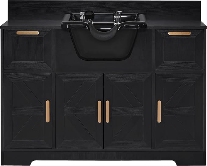 BarberPub Portable Shampoo Station, Shampoo Bowl with Cabinet & Drawer, Salon Geometric Finish Station with Sprayer Faucet, Barber Storage Equipment with Hair Wash Backwash Sink 3439 (Black)