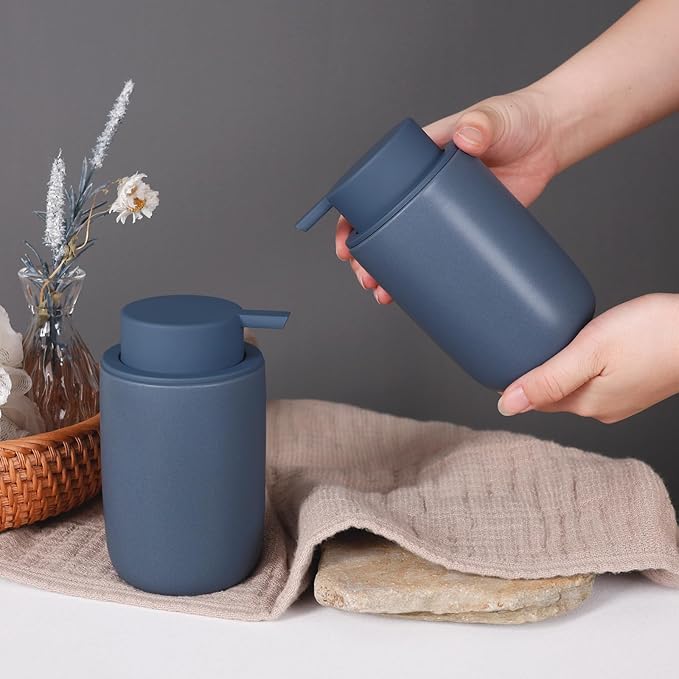 INGOFIN Ceramic Soap Dispenser Set, 2 Pack (12 oz) Bathroom Hand Soap Dispenser with Pump, Liquid Hand and Dish Dispenser Set with 8 Pcs Clear Stickers, for Kitchen -Matte Blue