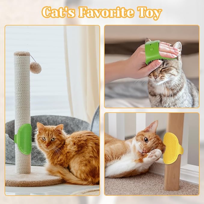 4Pcs Adjustable Cat Self Groomer, Silicone Cat Brushes for Indoor Cats Grooming Self Cleaning, Cats Face Scratchers Massager for Corner Scratcher, Pet Supplies (Green & Yellow)