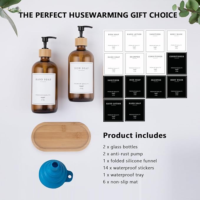 Amber Glass Soap Dispenser - Dish Hand Soap Dispenser for Kitchen Set, Soap Lotion Dispenser Bathroom with Sturdy Pump and Tray, 14 Waterproof Labels,Refillable Dispenser-Amber