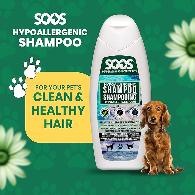 Soos Pet Dog Shampoo for Cats and Pets Hypoaller-genic Natural Dead Sea Minerals Fast Absorbing with Vitamins Essential Oils Natural Elements Antiba-cterial - 1x Pet Shampoo (500ml)