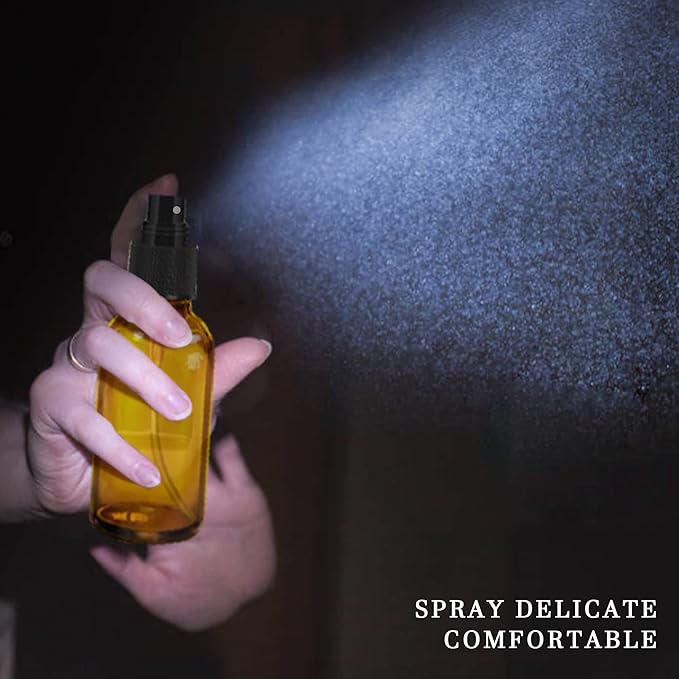 Amber Glass Spray Bottles 4oz,Small Empty Glass Spray Bottle Fine Mist Spray Refillable Containers,Mini Travel Spray Bottles set of 4,Included 6 Sprinkler,2 Funnels,1 Droppers,8 Labels