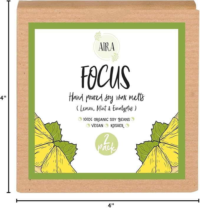 Aira Soy Wax Melt - Organic, Vegan, Kosher, Scented Soy Wax Cubes w/Essential Oil Blends - No Chemical 100% Soy Wax Melts for Tealight Melters - Hand-Poured Soy Tarts - Focus - 2 Pack