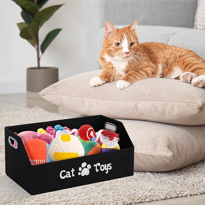 Cat Toy Basket, Kitten Toys Storage Organizer Foldable Fabric Bin Pet Supplies Chest Holder Trapezoid Container with Metal Handles for Organizing Cats Clothes Accessories, Black