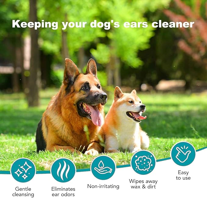Ear Finger Wipes for Dogs & Cats,Dog Ear Cleaner Wipes Gently Remove Ear Wax, Debris, Natural Ingredients & Fresh Coconut Scent - 50 Count