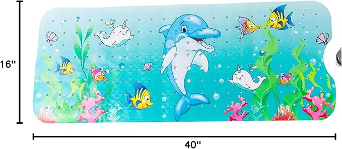 ENKOSI Bath Mat Long 40x16 – Non-Slip Bathtub Mat with Secure Suction Cups & Drain Holes with Fun Dolphin Design - Bathroom Shower Mat for Tub for Kids and Toddlers (Bath Dolphin)