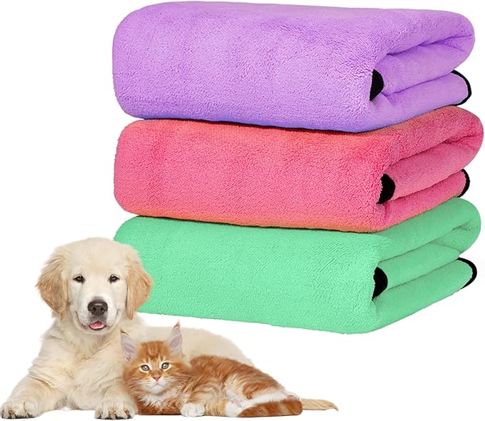 MICOOYO 3PCS Dog Towels for Drying, Super Absorbent Pet Grooming Towels, Quick Drying Dog Bath Towels for Puppy Cats (Violet, Pink, Green, S)