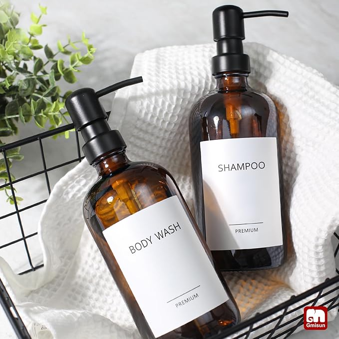 GMISUN Amber Glass Soap Dispenser, 2 Pack Bathroom Hand Soap Dispensers with Stainless Steel Pump, 17 Fl Oz Kitchen Hand and Dish Soap Dispenser Set, Modern Vintage Liquid Brown Soap Dispensers Bottle