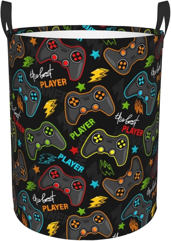Gaming Joysticks Laundry Hamper Bag With Waterproof Liner - Video Game Controller Round Laundry Basket Foldable Clothes Storage Organizer For Bathroom Bedroom Nursery Dorm, S-16.5"X 13.8"