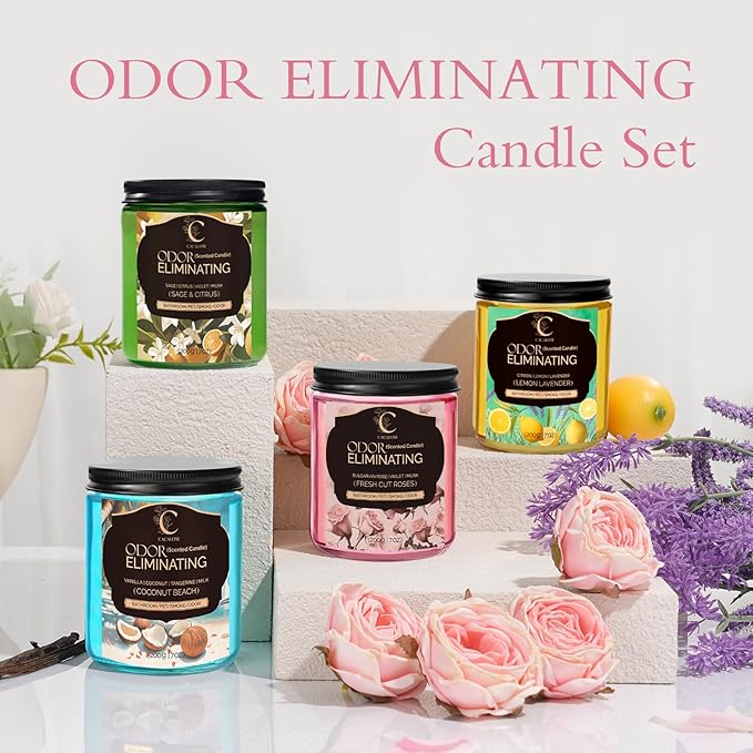 4 Pack Odor Eliminating Candles Set for Pet Smoke, Scented Candles for Home Decor Non Toxic Soy Wax Candle for Relaxing Stress Relief Women Men, 40 Hours Burning Time, House Warming Gifts for Host