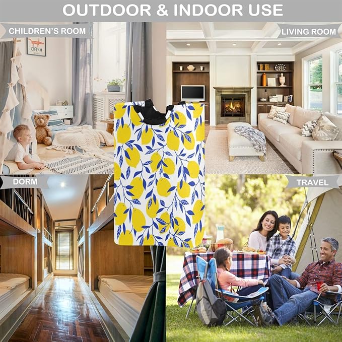 visesunny Collapsible Laundry Basket Yellow Lemon With Blue Leaf Large Laundry Hamper with Handle Toys and Clothing Organization for Bathroom, Bedroom, Home, Dorm, Travel