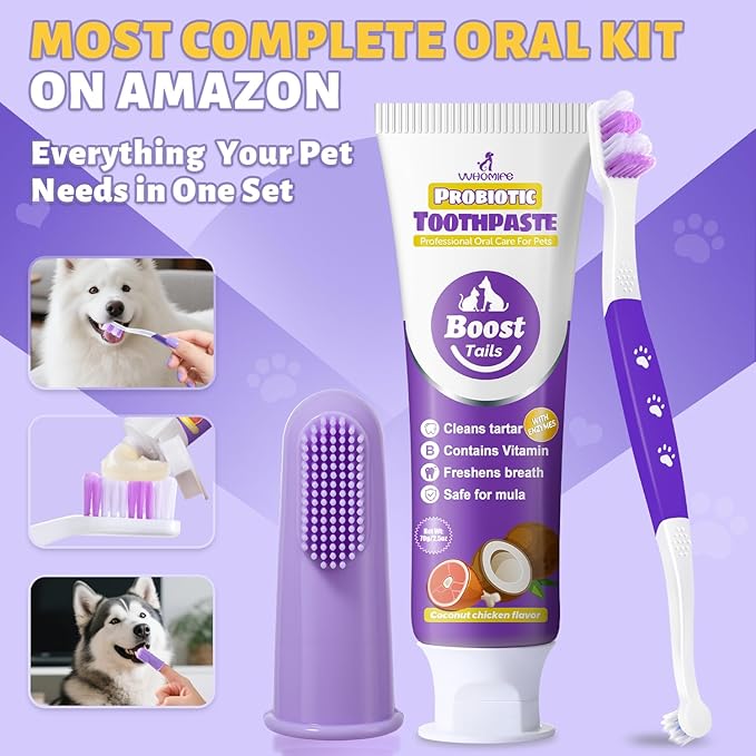 Premium Dog Oral Care Kit - Natural Coconut Chicken Flavored Toothpaste,Dual Head Toothbrush and Finger Toothbrush for Dogs,Plaque Prevention,Tartar Control.2.46oz(Pack of 1)