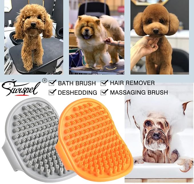 Dog Grooming Brush, Pet Shampoo Bath Brush Shedding Soothing Massage Rubber Comb with Adjustable Ring Handle for Long Short Haired Dogs and Cats 2pcs