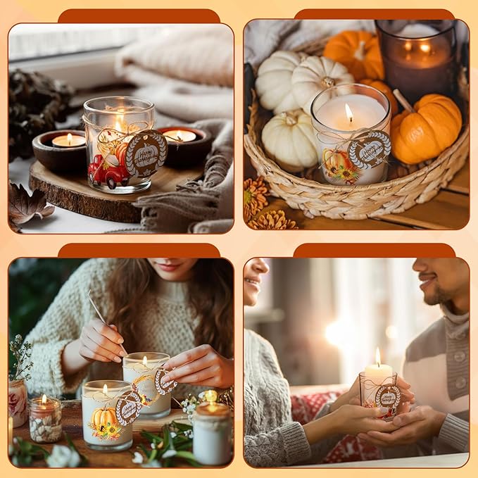 12 Pack Thanksgiving Pumpkins Clear Candle Jars for Making Candles 7 oz Empty Glass Jars with Wood Lids and Blessing Card Harvest Candle Containers for DIY Gifts Home Tea Party Holiday Decor