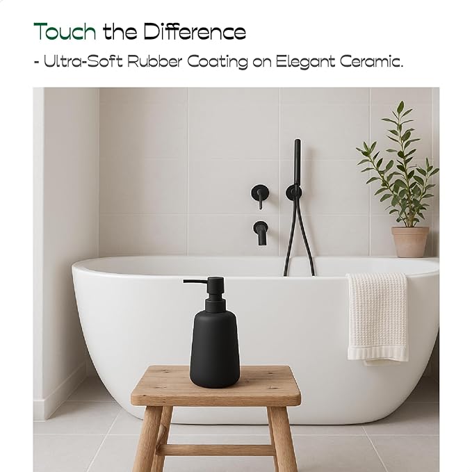 Matte Black Ceramic Soap Dispenser, 13 oz Refillable Bathroom or Kitchen Countertop Dispenser with Soft Touch Rubber Coating