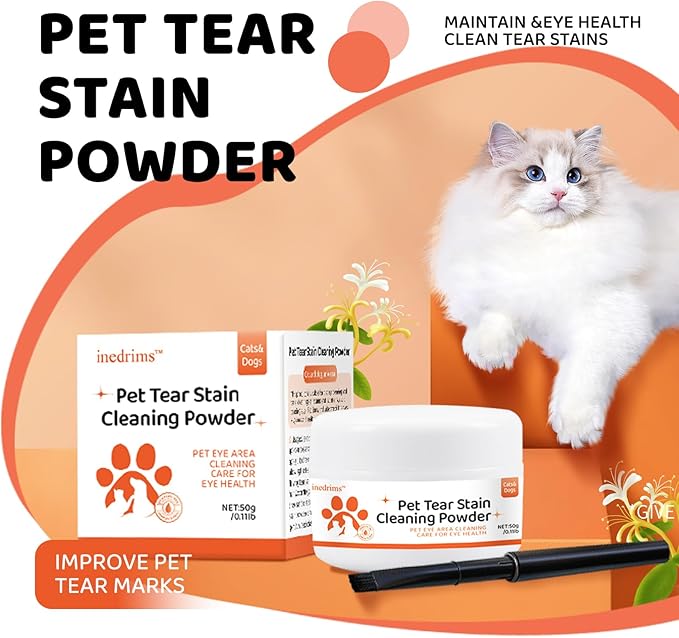 Tear Stain Remover Powder for Dogs and Cats with Brush, 100% Natural and Safe, Apply Around Eyes to Absorb and Repel Tears, Gentle & Effective Alternative to Dog Eye Drops