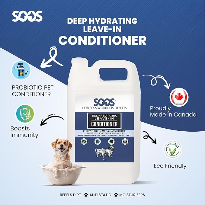 SOOS Pets Deep Hydrating Leave-in Conditioner for Dogs and Cats | Natural Dead Sea Minerals & Vitamins | Skin Moisturizer, Polish Deeply, Enhance Coat Shine & Softness - 4L