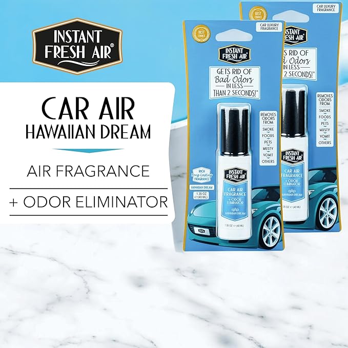 2-Pack: Dual-Action CAR AIR Freshener Hawaiian Dream -Instantly Eliminates Odors from Smoke, Food, Pets, Must in 2 Seconds, For Commuters, Pet Owners, Rideshare Drivers 1.35 Oz. - INSTANT FRESH AIR