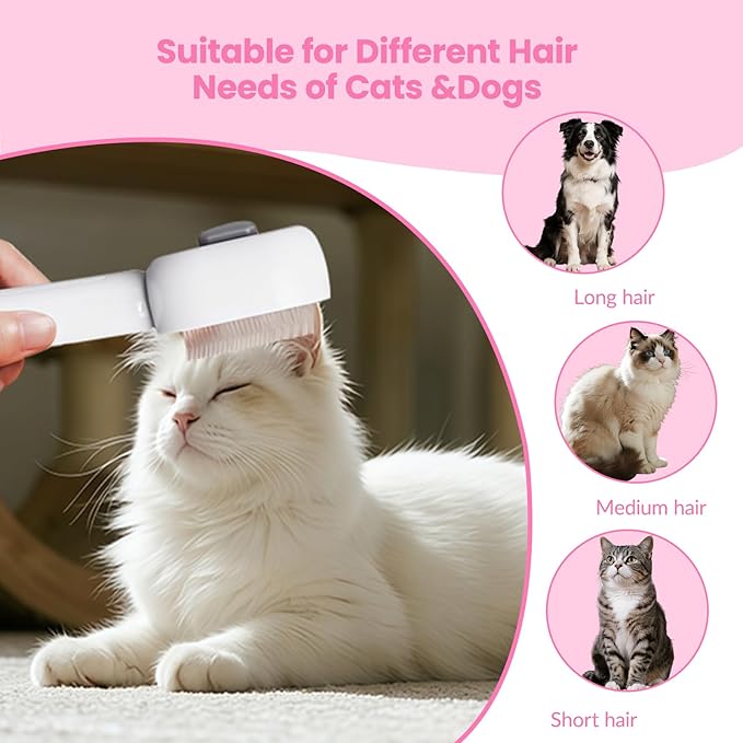 Pet Steam Brush for Cats, 4 in 1 Cat Brush for Long Haired Cats Kittens Dogs for Shedding Grooming Massage Self Cleaning (White Grey)